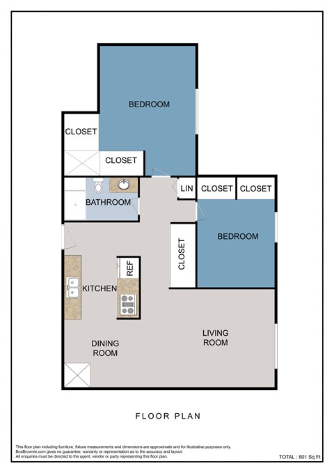 Floor plan for 2 beds, 1 bath, 900 sqft